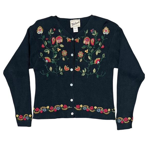 VTG 90s Woolrich Black & Multicolor Floral Embroidered Cotton Knit Cardigan S/M - Picture 1 of 7